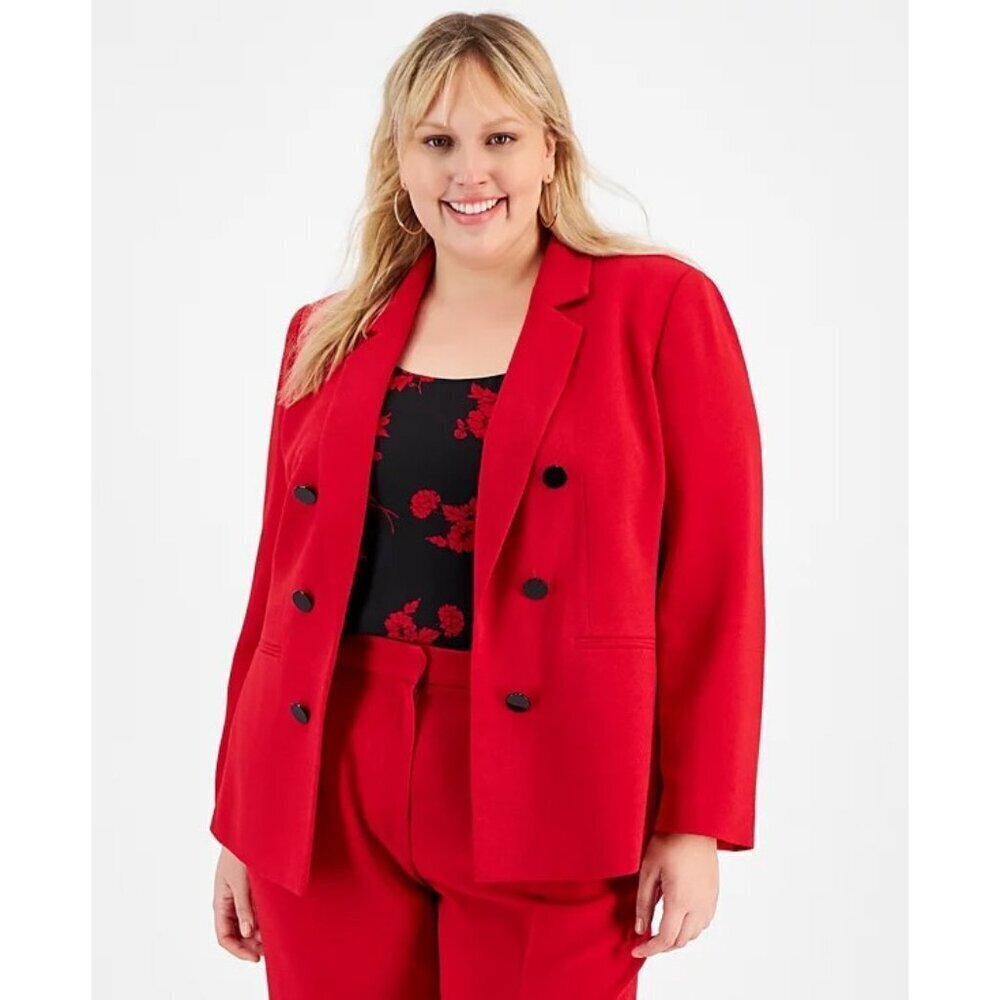 Bar III Womens Plus Size 2X Textured Crepe Faux Double-Breasted Blazer Red $119